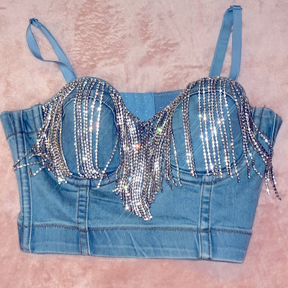 Denim Crop Top with Rhinestones